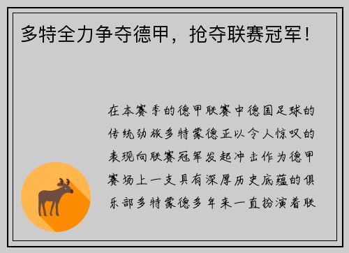 多特全力争夺德甲，抢夺联赛冠军！